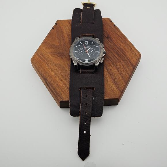 Look Men's Wide Leather Ban Watch Black Brown Bold Multidial Statement GH410 - Picture 4 of 6